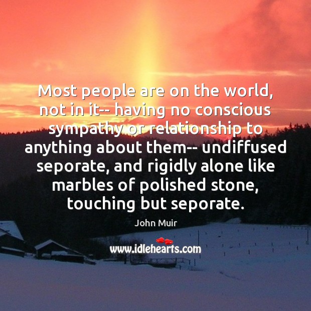 Most people are on the world, not in it– having no conscious John Muir Picture Quote