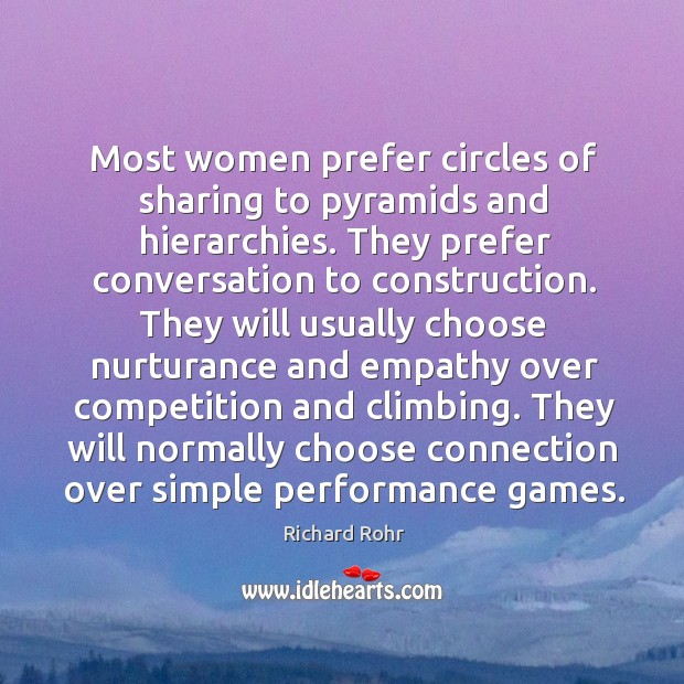 Most women prefer circles of sharing to pyramids and hierarchies. They prefer 