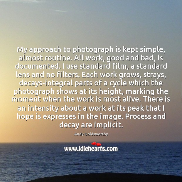 My approach to photograph is kept simple, almost routine. All work, good Andy Goldsworthy Picture Quote