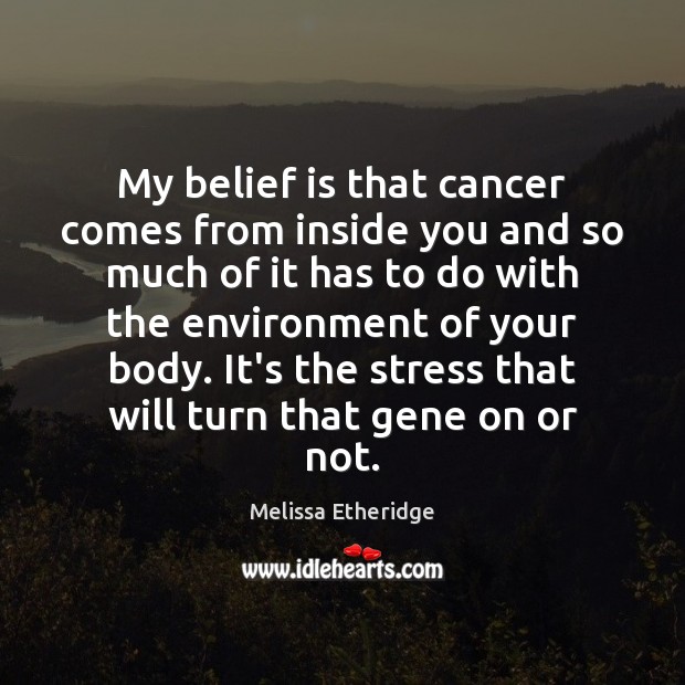 My belief is that cancer comes from inside you and so much Melissa Etheridge Picture Quote