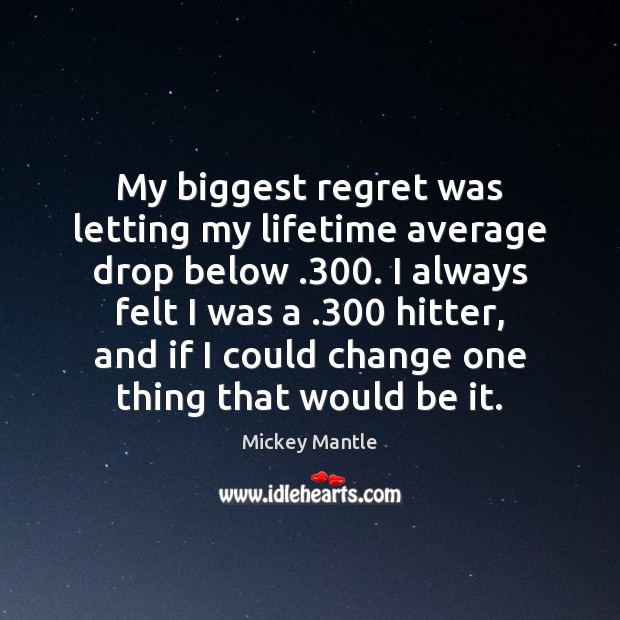 My biggest regret was letting my lifetime average drop below .300. I always Mickey Mantle Picture Quote