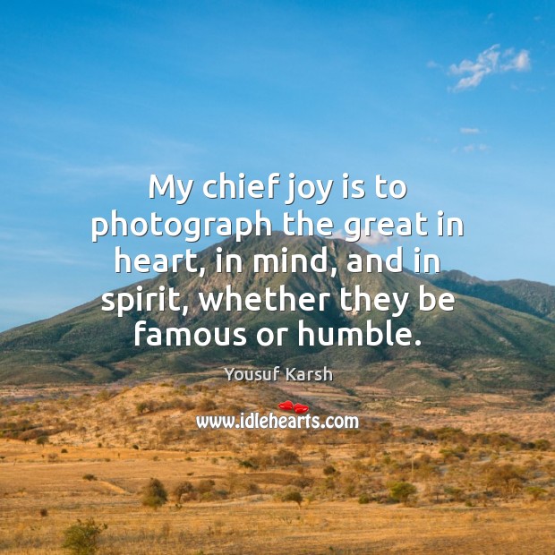 My chief joy is to photograph the great in heart, in mind, Yousuf Karsh Picture Quote