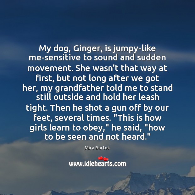 My dog, Ginger, is jumpy-like me-sensitive to sound and sudden movement. She Mira Bartok Picture Quote