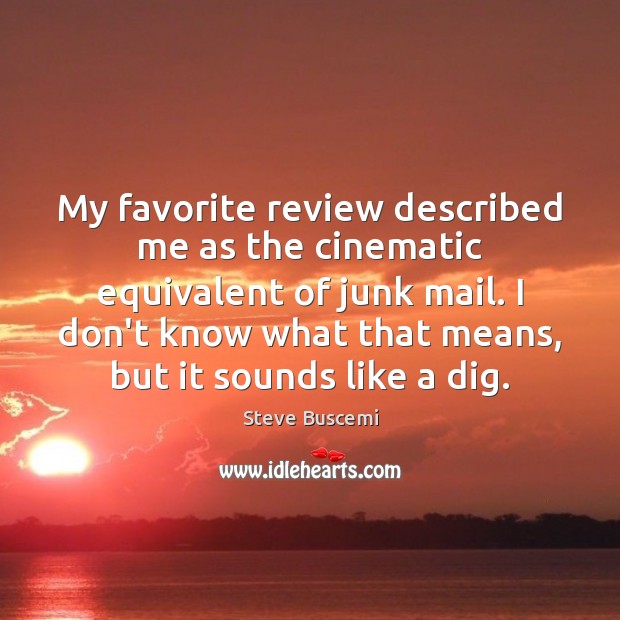 My favorite review described me as the cinematic equivalent of junk mail. Steve Buscemi Picture Quote
