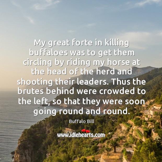My great forte in killing buffaloes was to get them circling by riding my horse at the head Image
