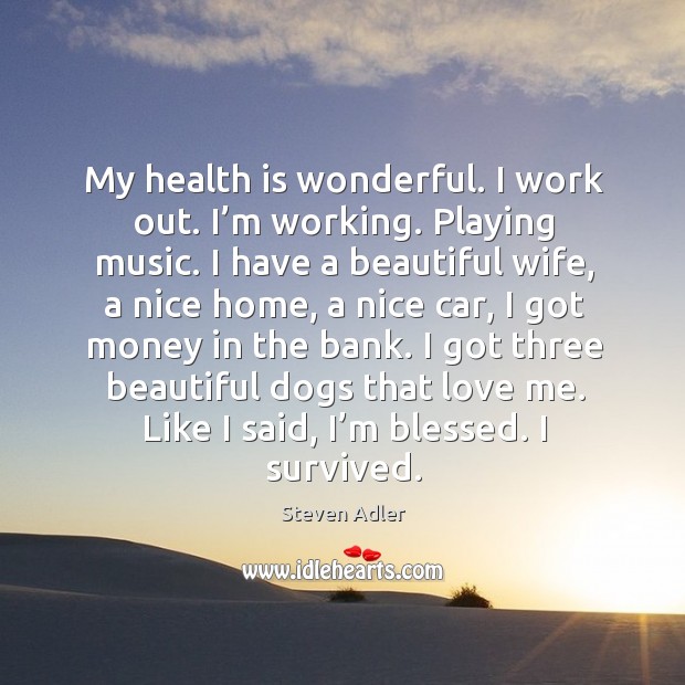 My health is wonderful. I work out. I’m working. Playing music. Steven Adler Picture Quote