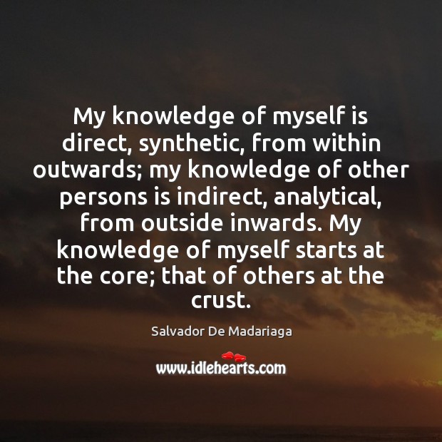 My knowledge of myself is direct, synthetic, from within outwards; my knowledge Salvador De Madariaga Picture Quote