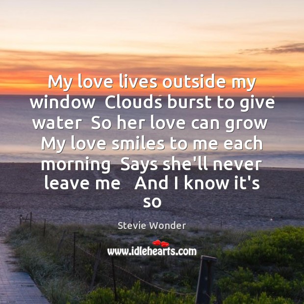 My love lives outside my window  Clouds burst to give water  So Stevie Wonder Picture Quote