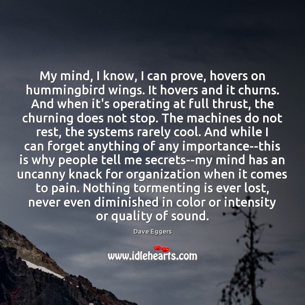 My mind, I know, I can prove, hovers on hummingbird wings. It Dave Eggers Picture Quote