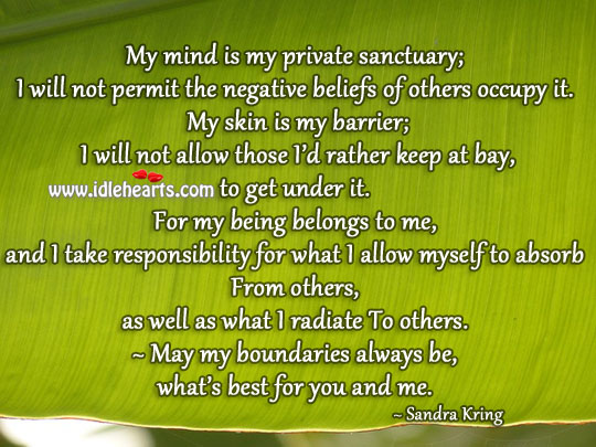 I will not permit negative beliefs of others occupy in me. Sandra Kring Picture Quote