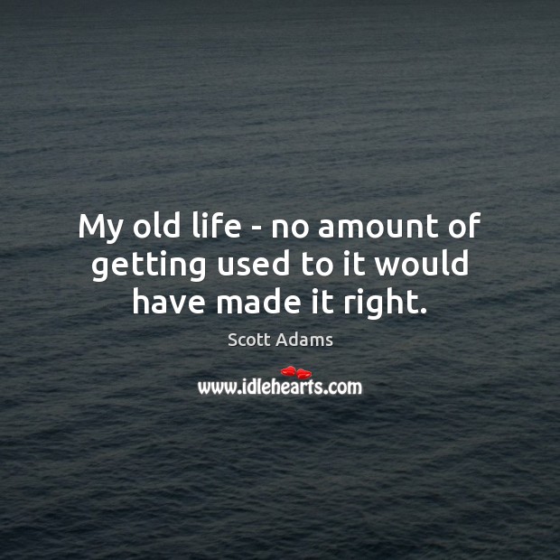 My old life – no amount of getting used to it would have made it right. Scott Adams Picture Quote