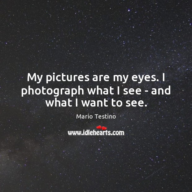 My pictures are my eyes. I photograph what I see – and what I want to see. Mario Testino Picture Quote