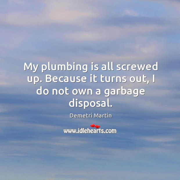 My plumbing is all screwed up. Because it turns out, I do not own a garbage disposal. Demetri Martin Picture Quote