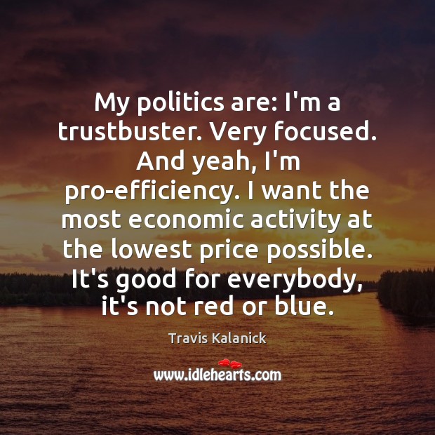 My politics are: I’m a trustbuster. Very focused. And yeah, I’m pro-efficiency. Travis Kalanick Picture Quote