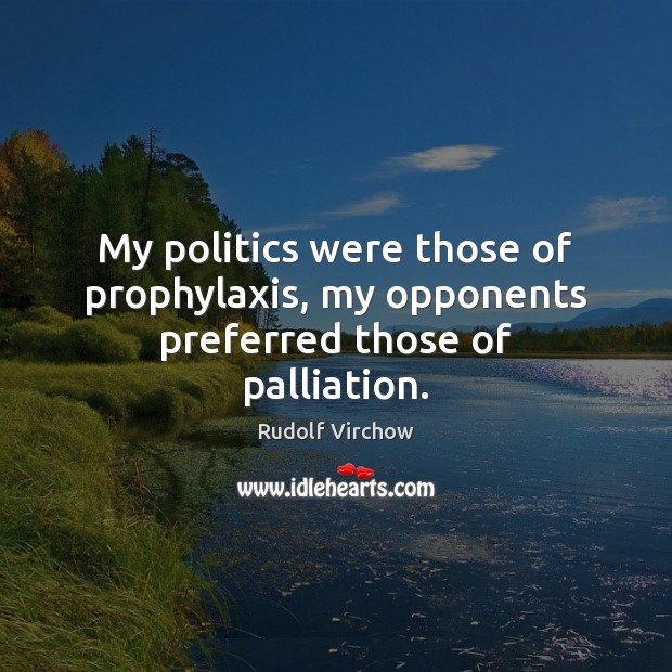 My politics were those of prophylaxis, my opponents preferred those of palliation. Rudolf Virchow Picture Quote