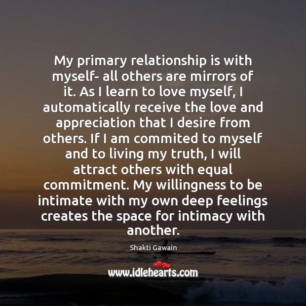 My primary relationship is with myself- all others are mirrors of it. Relationship Quotes Image