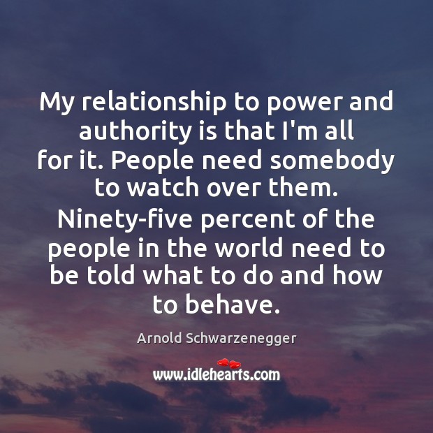 My relationship to power and authority is that I’m all for it. Arnold Schwarzenegger Picture Quote