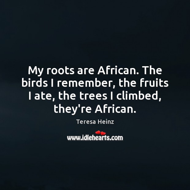 My roots are African. The birds I remember, the fruits I ate, Teresa Heinz Picture Quote