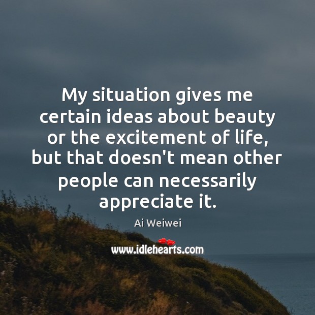 My situation gives me certain ideas about beauty or the excitement of Ai Weiwei Picture Quote