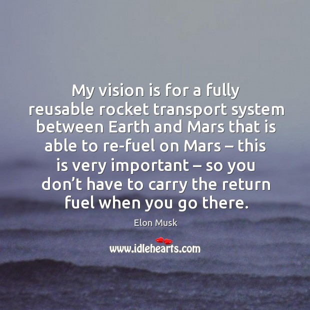 My vision is for a fully reusable rocket transport system between earth and mars that is Elon Musk Picture Quote