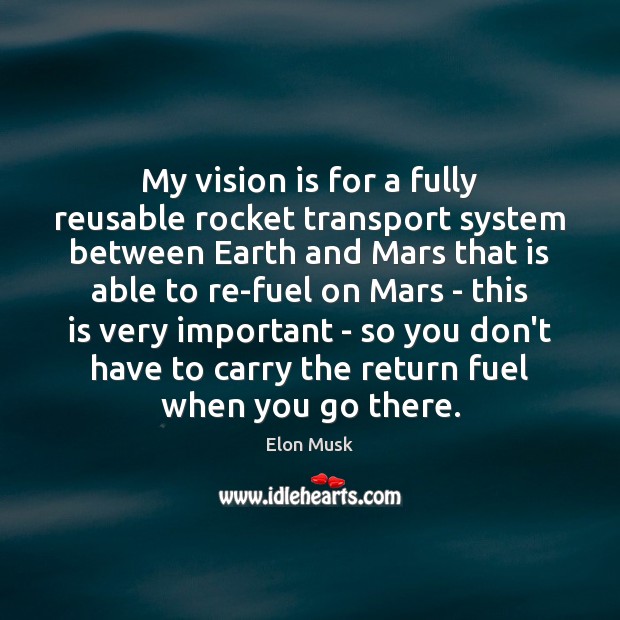 My vision is for a fully reusable rocket transport system between Earth Elon Musk Picture Quote
