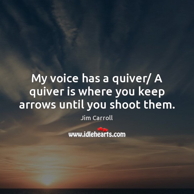 My voice has a quiver/ A quiver is where you keep arrows until you shoot them. Jim Carroll Picture Quote