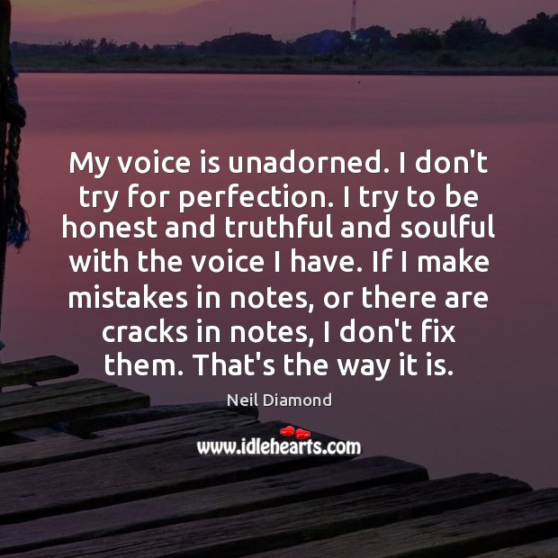 My voice is unadorned. I don’t try for perfection. I try to Neil Diamond Picture Quote