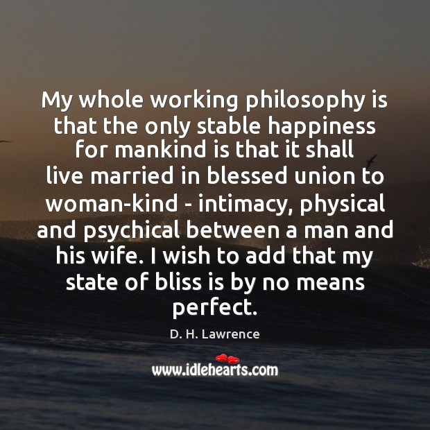 My whole working philosophy is that the only stable happiness for mankind D. H. Lawrence Picture Quote