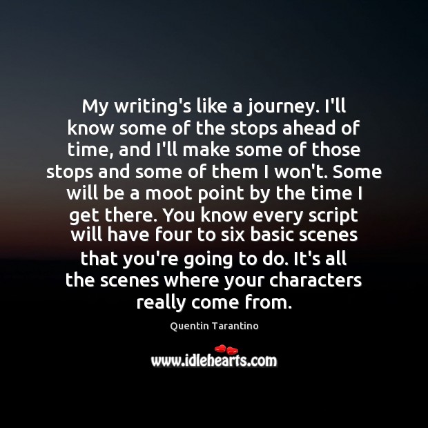 My writing’s like a journey. I’ll know some of the stops ahead Quentin Tarantino Picture Quote