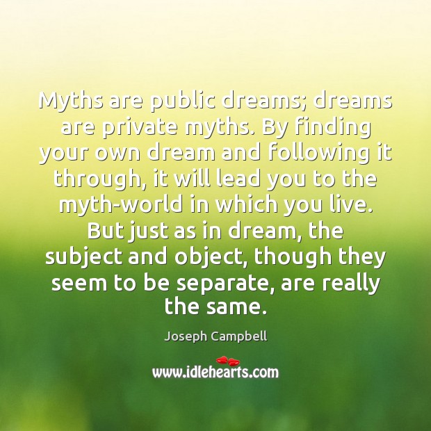 Myths are public dreams; dreams are private myths. By finding your own Joseph Campbell Picture Quote