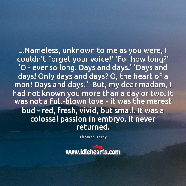 …Nameless, unknown to me as you were, I couldn’t forget your voice! Thomas Hardy Picture Quote