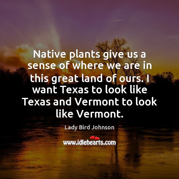 Native plants give us a sense of where we are in this Lady Bird Johnson Picture Quote