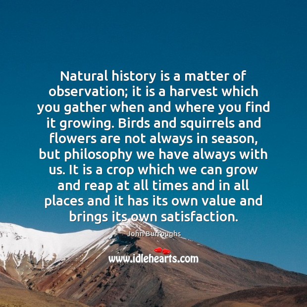 Natural history is a matter of observation; it is a harvest which John Burroughs Picture Quote