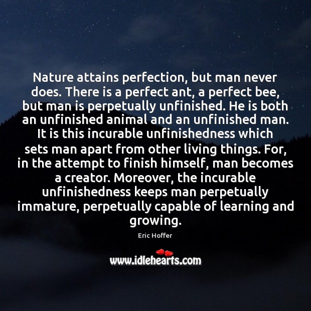 Nature attains perfection, but man never does. There is a perfect ant, Eric Hoffer Picture Quote