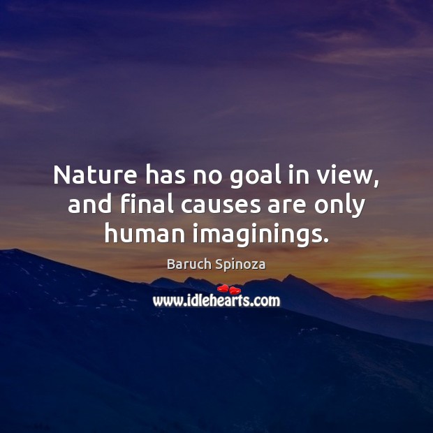 Nature has no goal in view, and final causes are only human imaginings. Baruch Spinoza Picture Quote