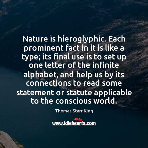 Nature is hieroglyphic. Each prominent fact in it is like a type; Thomas Starr King Picture Quote