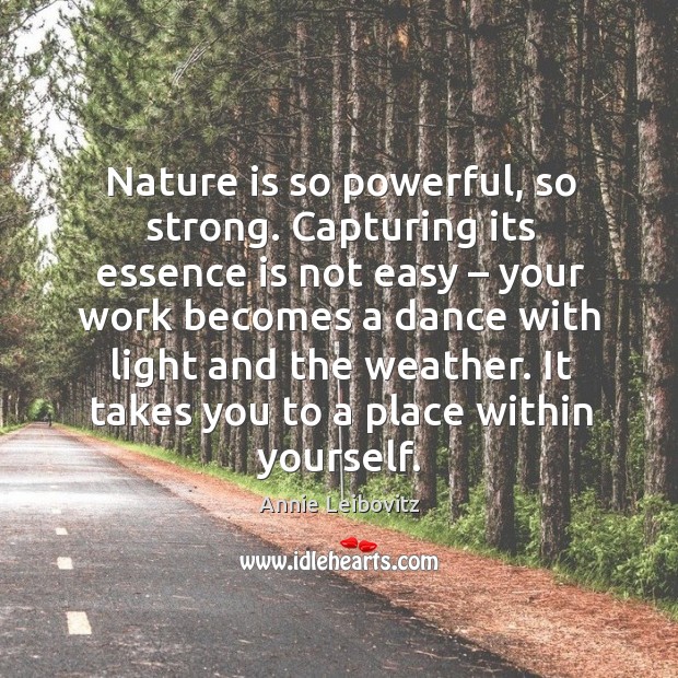 Nature is so powerful, so strong. Capturing its essence is not easy – your work becomes Annie Leibovitz Picture Quote