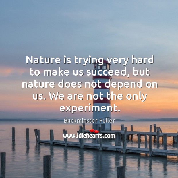 Nature is trying very hard to make us succeed, but nature does not depend on us. Buckminster Fuller Picture Quote