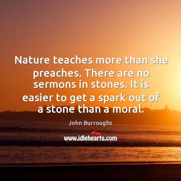 Nature teaches more than she preaches. There are no sermons in stones. John Burroughs Picture Quote