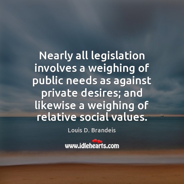 Nearly all legislation involves a weighing of public needs as against private Louis D. Brandeis Picture Quote