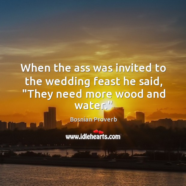 When the ass was invited to the wedding feast he said, “they need more wood and water.” Bosnian Proverbs Image