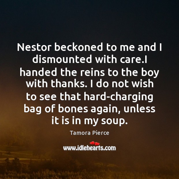 Nestor beckoned to me and I dismounted with care.I handed the Tamora Pierce Picture Quote