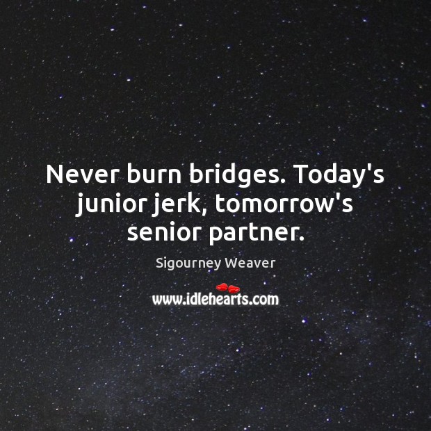 Never burn bridges. Today’s junior jerk, tomorrow’s senior partner. Sigourney Weaver Picture Quote