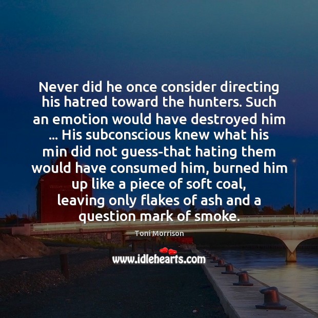 Never did he once consider directing his hatred toward the hunters. Such Toni Morrison Picture Quote