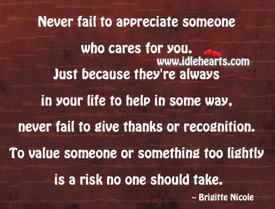 Never fail to appreciate someone who cares for you. Brigitte Nicole Picture Quote