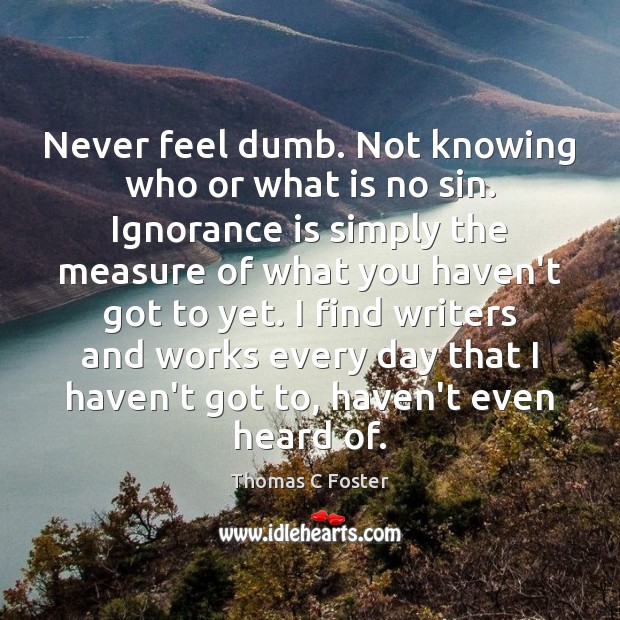 Never feel dumb. Not knowing who or what is no sin. Ignorance Thomas C Foster Picture Quote
