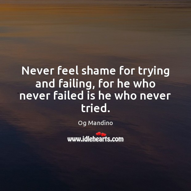 Never feel shame for trying and failing, for he who never failed is he who never tried. Og Mandino Picture Quote