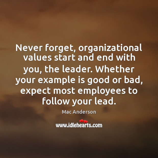 Never forget, organizational values start and end with you, the leader. Whether Mac Anderson Picture Quote