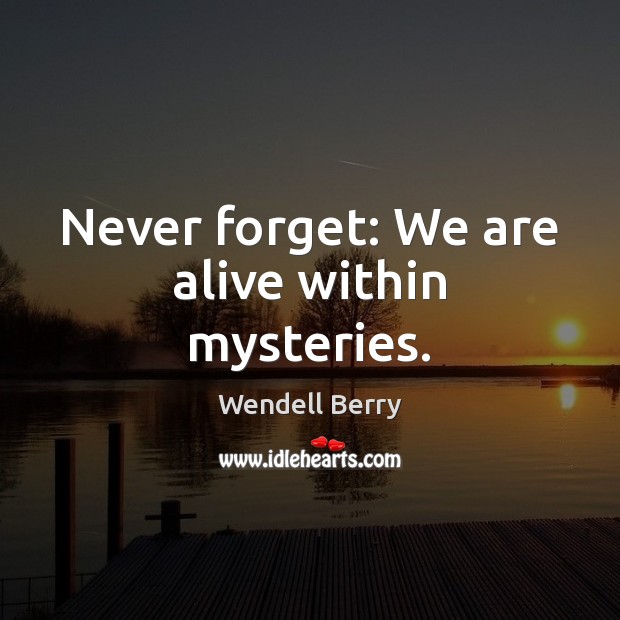 Never forget: We are alive within mysteries. Wendell Berry Picture Quote