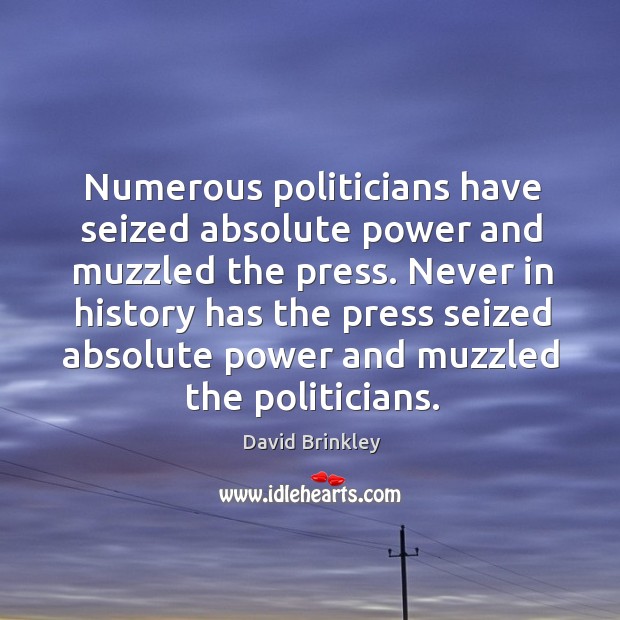 Never in history has the press seized absolute power and muzzled the politicians. David Brinkley Picture Quote